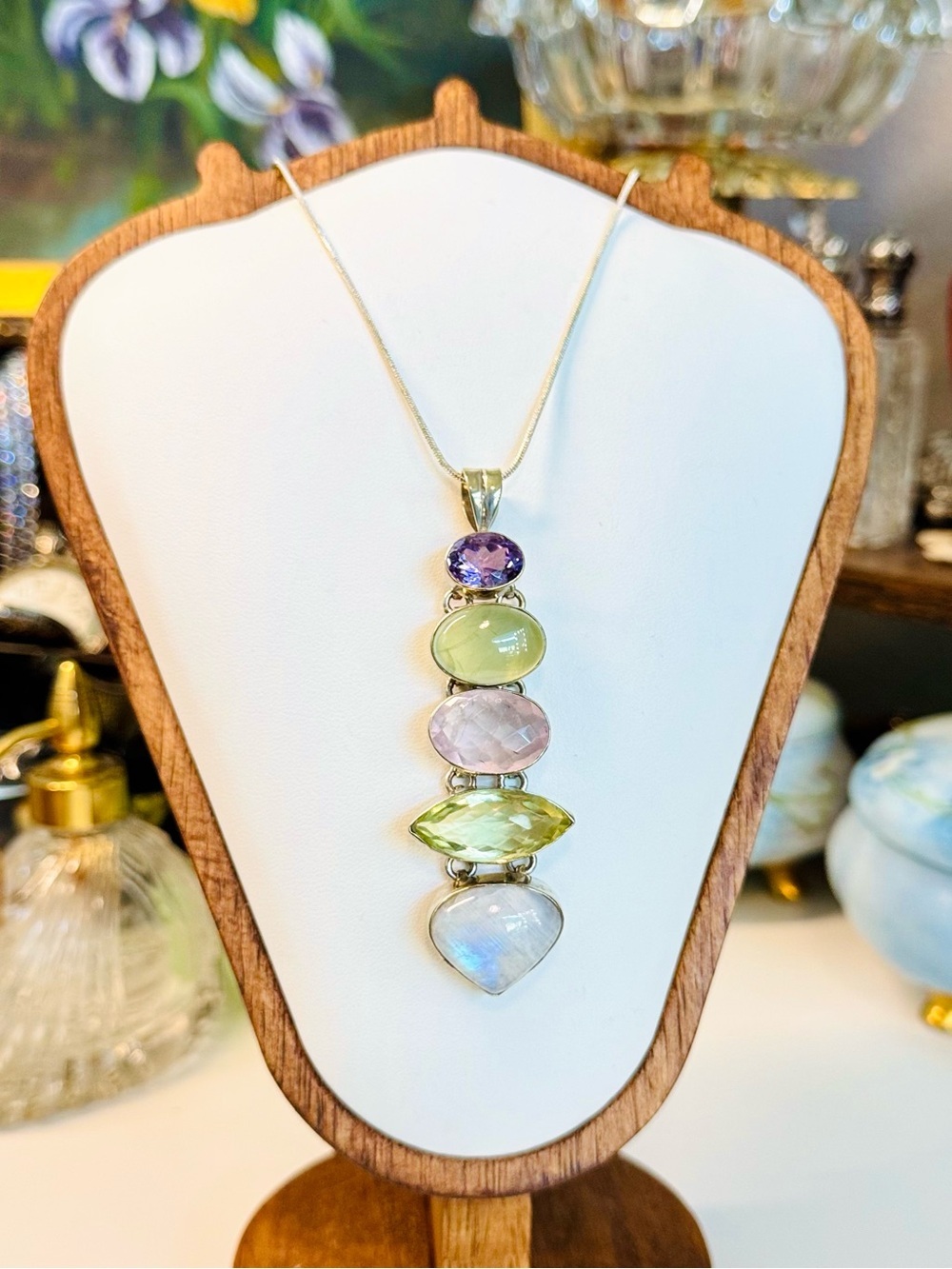 ✨Multi-Gemstone 925 Sterling Silver Articulated Drop Pendant Necklace